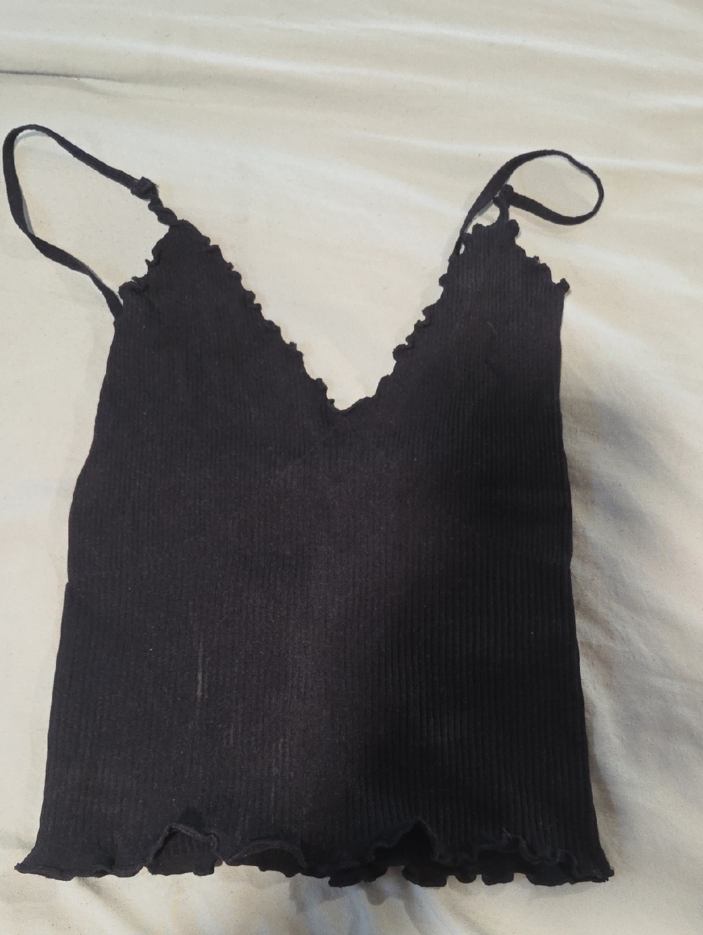 Black Ribbed V-Neck Lettuce-Trim Cami